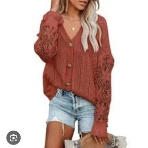 Elegant Rust Cardigan with Lace Accents